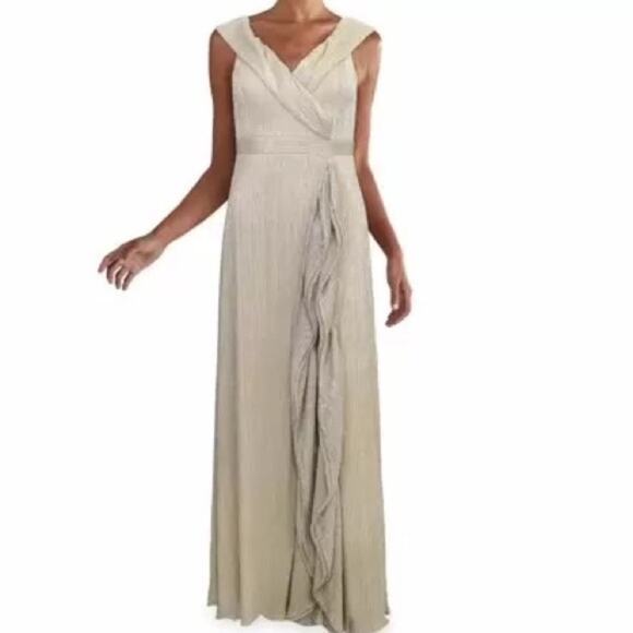 Aqua Gold Ruffled Cap Sleeve Off Shoulder Metallic Maxi Gown Sz 4 NWT - Picture 1 of 14